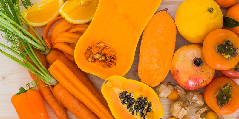 squash, papaya, carrots, mango, orange