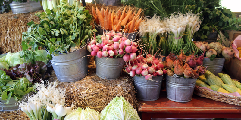 organic farm veggies in tins buckets