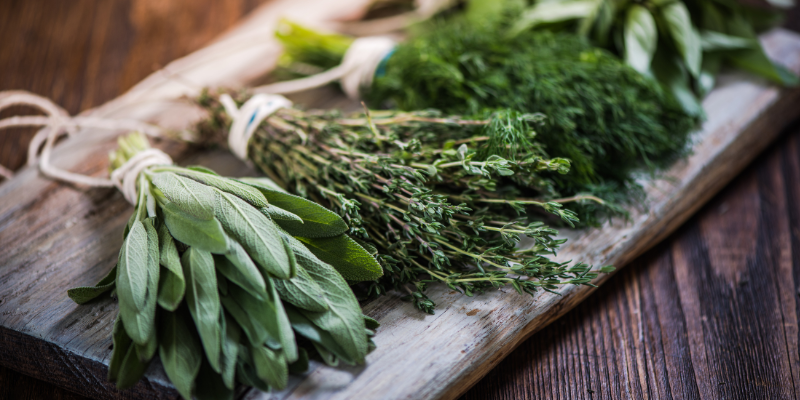 herbs tied in bundles.  Thyme, basil, oregano