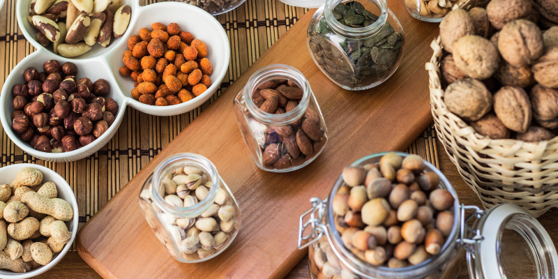 nuts and seeds in glass jars