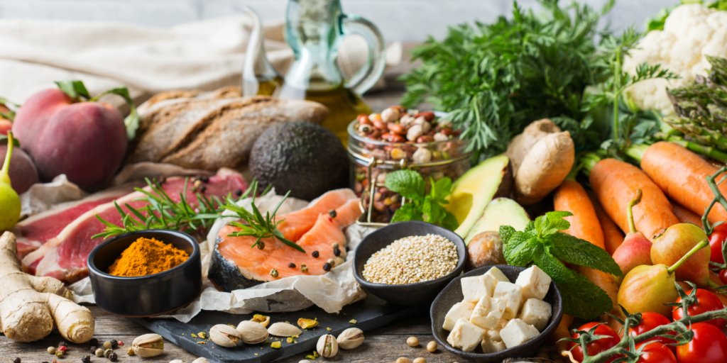 grains, salmon, vegetables, tofu, olive oil